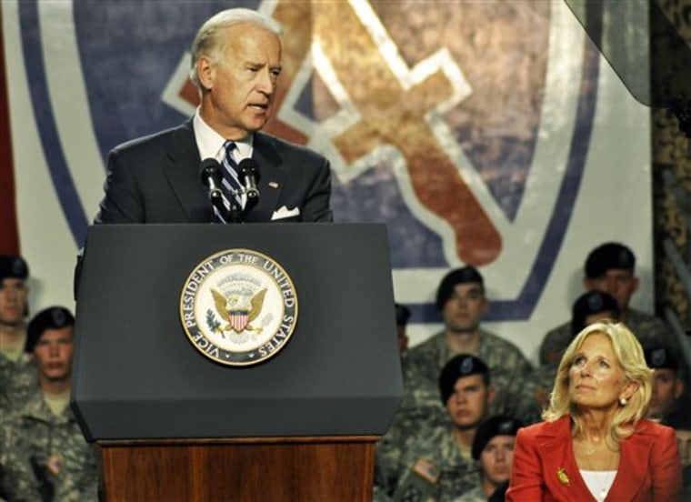 Vice President Joe Biden addresses the 2nd Brigade Combat Team of the 10th Mountain Division during a welcome home ceremony, while his wife Jill looks on at Fort Drum, N.Y., Wednesday, July 28. Many troops in attendance had just returned after spending 8 months in Iraq. 
